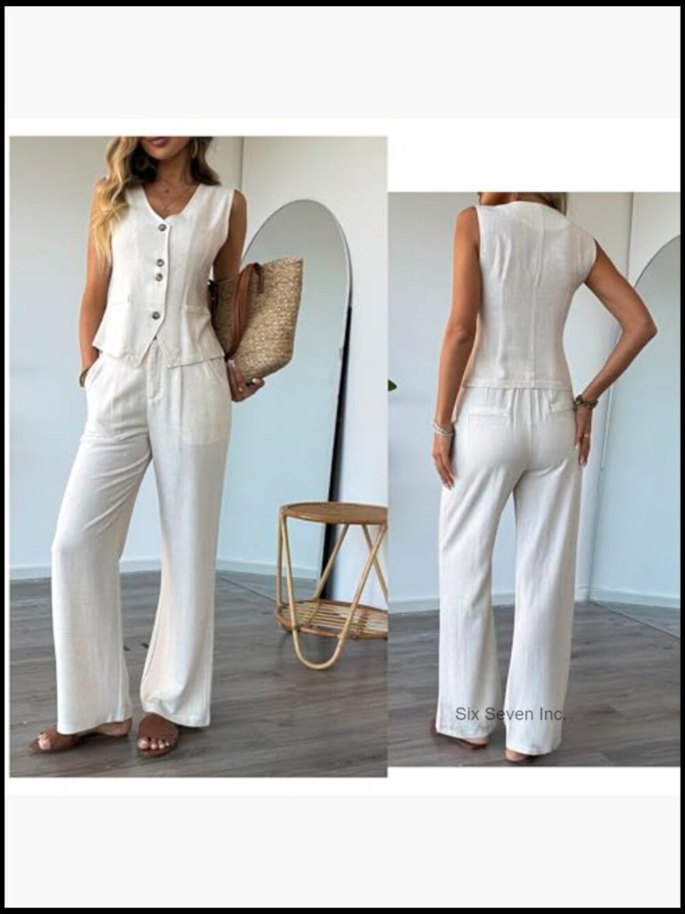 Women's 2 Piece Cotton Linen Vest & Wide Leg Pants Suit Summer Set - Picture 4 of 6